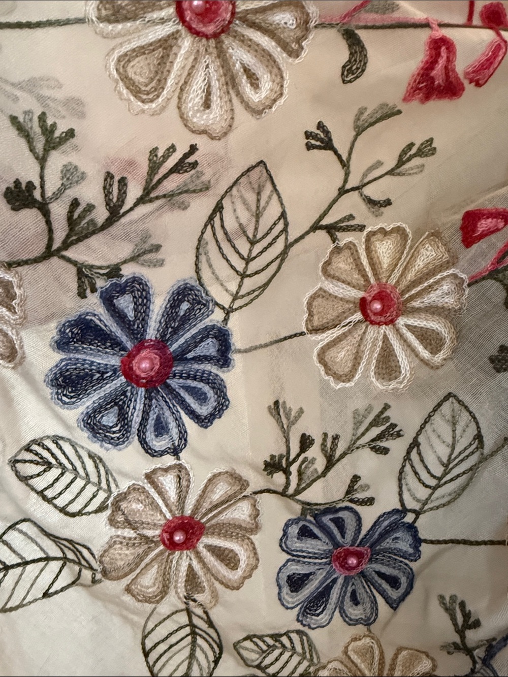 NWOT Jessica McClintock Beige Scarf with Multicolor Floral Embroidery - Picture 4 of 8